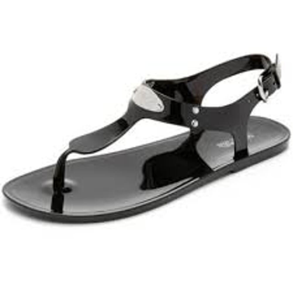 Michael Kors MK Plate Jelly Thong Sandals Womens 6 Black Silver Logo T Strap